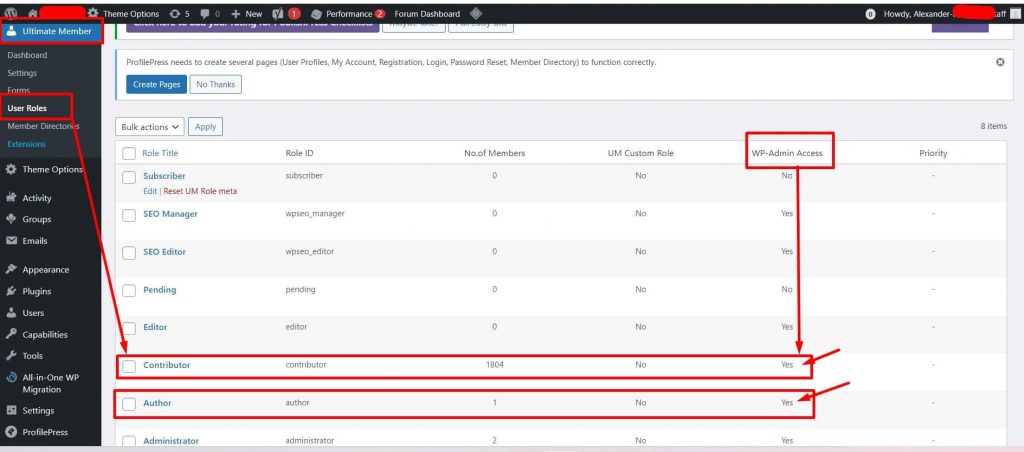 Wp admin dashboard user issue